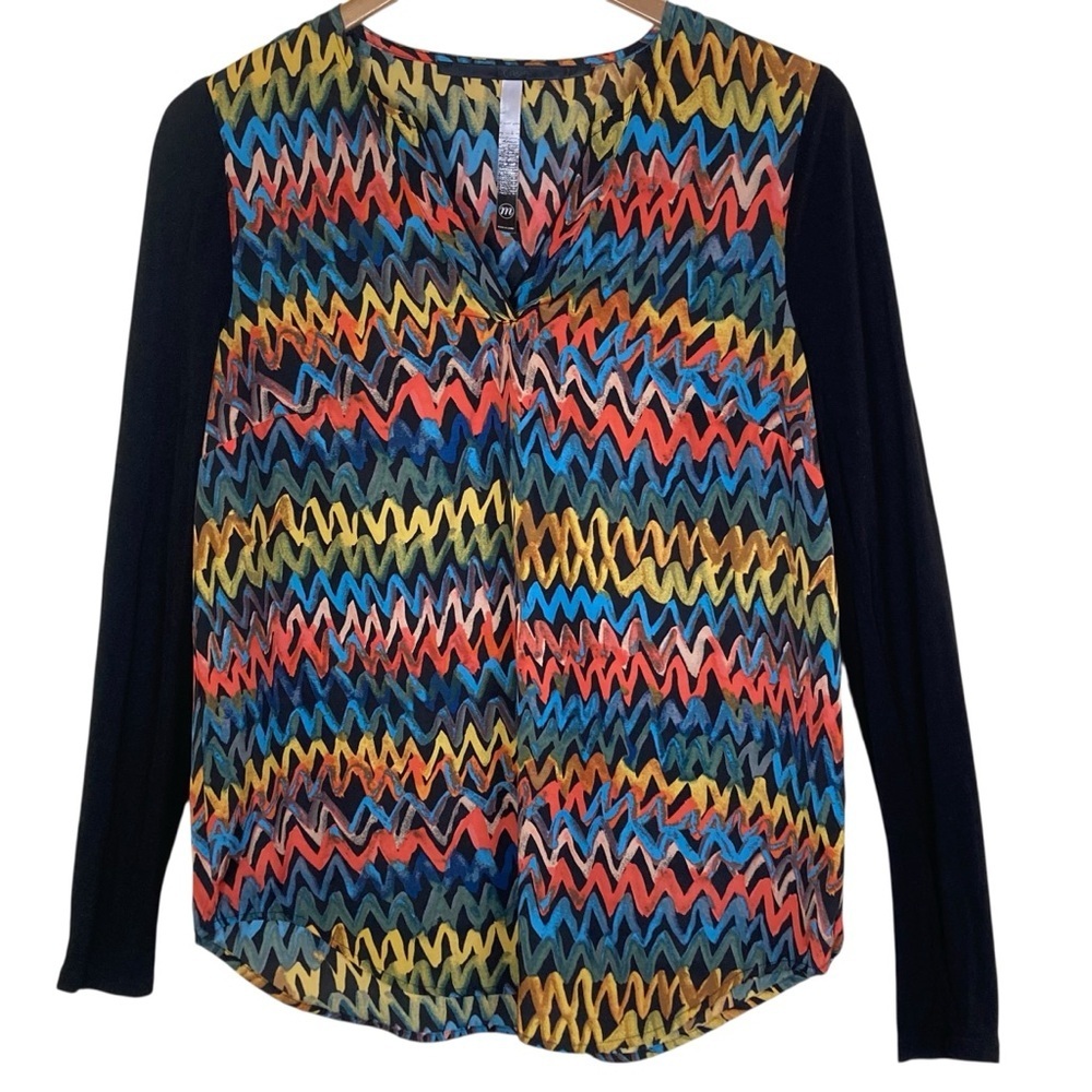 Kensie Multicolor Chevron Print Long Sleeve Blouse Medium